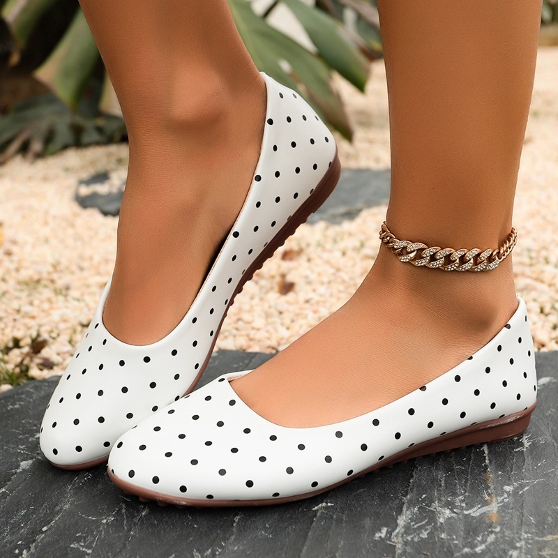 Women Shoes For Walking - Ladies White Polka Dot Flats Round