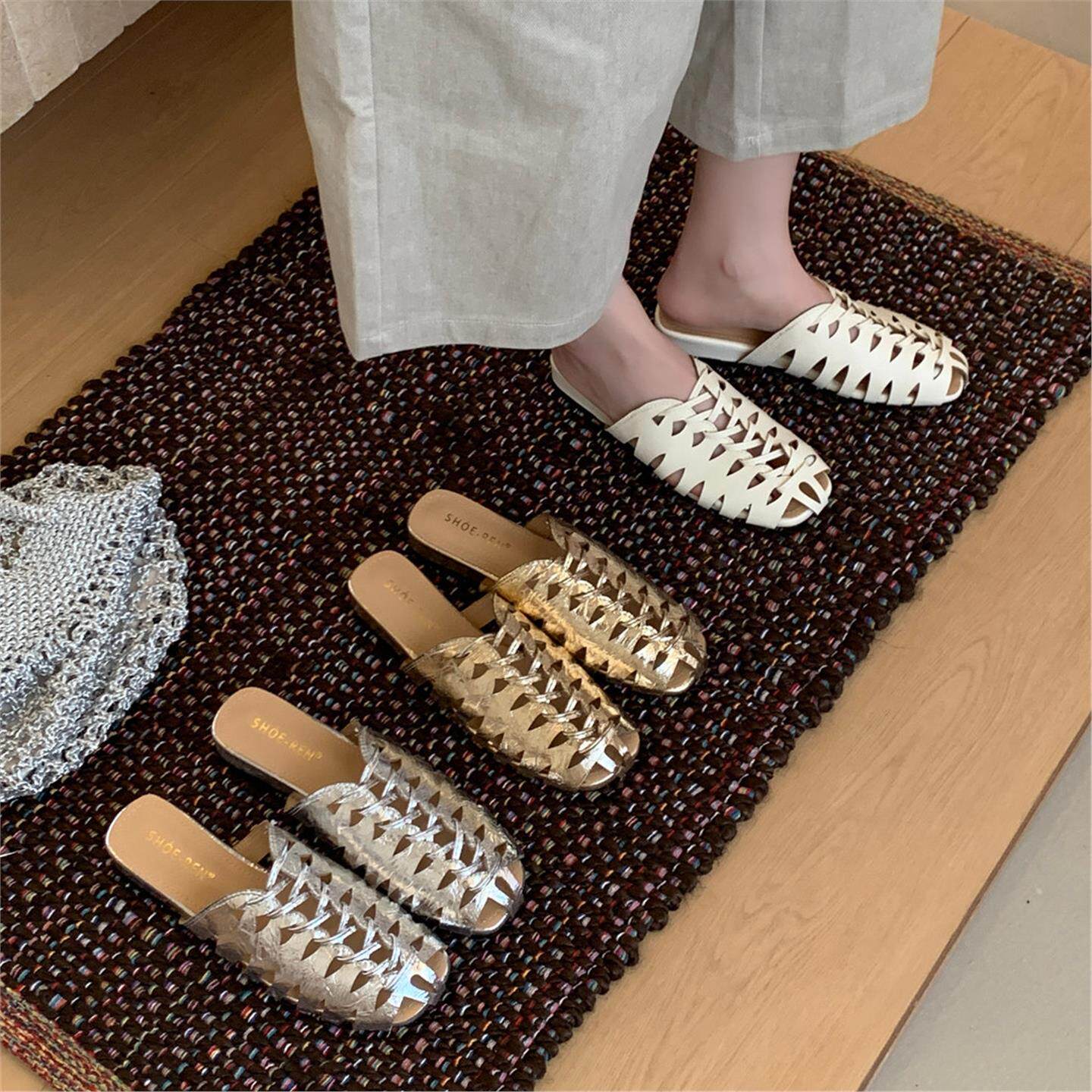 Slip On Mule Flat - luxury brand Handmade Weaving Mesh Hollow