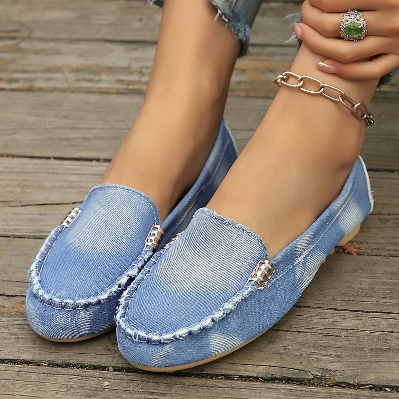 Women'S Shoes Round Toe - Fashion Light Blue Denim Moccasins Slip